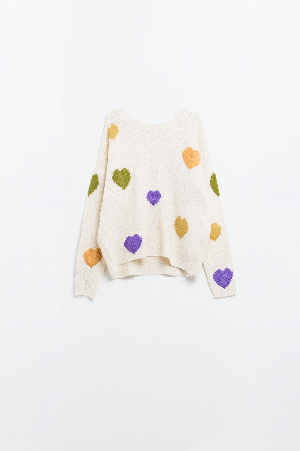 Cozy Beige Sweater with Colorful Hearts