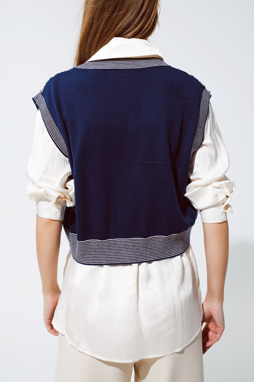 Knitted Cropped Vest with Rib Trim