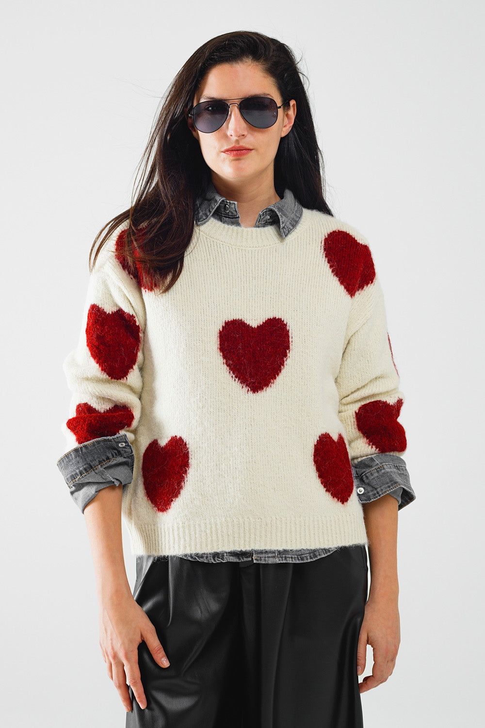 Cozy White Sweater with Red Hearts