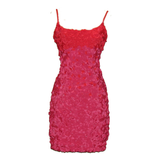 Red Spaghetti Dress with Beaded Flower Petal and Center Bead Embellishments
